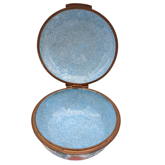 Vintage Hand Painted Round Porcelain Trinket Jewelry Box Copper Tone Hinged Lid - Picture 2 of 8